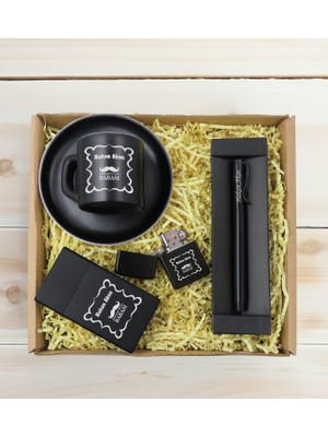 Bk Gift Kişiye Özel Isimli Baba Temalı Siyah Türk Kahvesi Fincanı&metal Kalem&çakmak&sigara Kutusu Hediye Seti-4, Babaya Hediye, Babalar Günü Hediyeleri