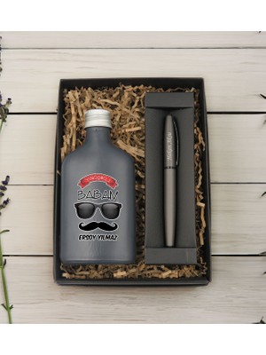 Bk Gift Kişiye Özel Isimli Baba Temalı Antrasit Tasarım Cam Şişede Kolonya 200 ml ve Metal Roller Kalem Hediye Seti-7, Babaya Hediye, Babalar Günü Hediyeleri, Hediyelik Baskılı Kolonya