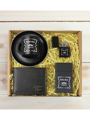 Bk Gift Kişiye Özel Isimli Baba Temalı Siyah Türk Kahvesi Fincanı&cüzcan&çakmak&sigara Kutusu Hediye Seti-4, Babaya Hediye, Babalar Günü Hediyeleri