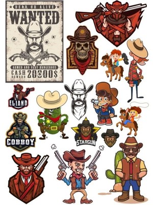 Kowboy Vahşi Batı Sticker Set-1 14 Parça Telefon, Tablet, Defter, Laptop Sticker