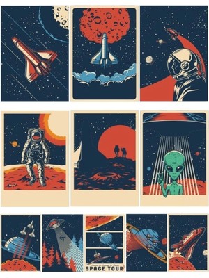 Uzay Poster Sticker Set 9 Parça Telefon, Tablet, Defter, Laptop Sticker