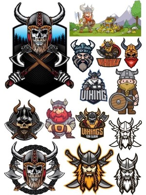 Vikings Isklelet ve Savaşçı Sticker Set 17 Parça Telefon, Tablet, Defter, Laptop Sticker