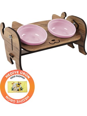 GOBYPET Ahşap Özel Isim Baskılı, Kedi Mama Seramik Su Kabı Standı Hediye Kedi Halısı 32x15 cm