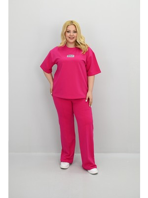 Kadın Büyük Beden Kısa Kollu Etiket Detaylı Bol Paça Eşofman Takımı 8196-25