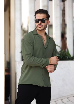 Erkek Yeşil Rahat Kesim Dokulu Oversize Salaş Aerobin Gömlek