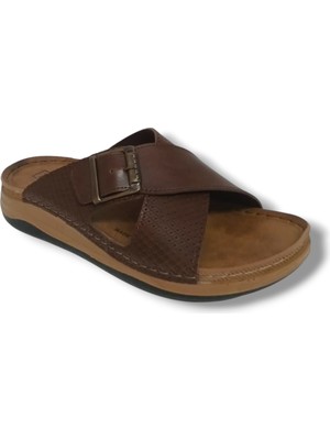 Enova E521-25 Baskı Deri Anatomik Çapraz Bant Tokalı Erkek Terlik