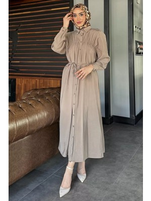 Julude Roba Büzgülü Boydan Düğmeli Tesettür Elbise P-00016663