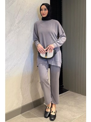 Julude Bisiklet Yaka Ön Taşlı Büyük Beden Tesettür Tunik Pantolon Ikili Takım P-00016525