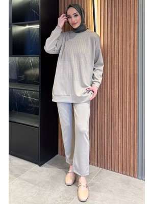 Julude Bisiklet Yaka Ön Taşlı Büyük Beden Tesettür Tunik Pantolon Ikili Takım P-00016525