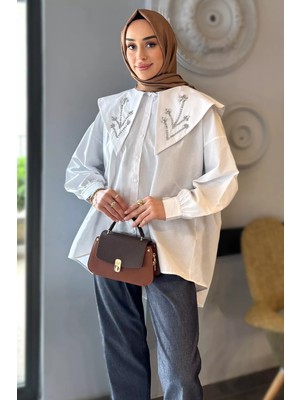 Julude Yaka Taş Detaylı Oversize Tesettür Tunik P-00016426