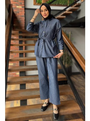 Julude Kadın Taş Işlemeli Kuşaklı Tesettür Kot Tunik Pantolon Ikili Takım P-00016354