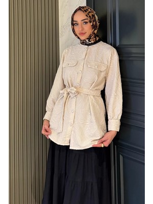 Julude Kadın Kabartma Desenli Kuşak Detaylı Tesettür Gömlek Tunik P-00016352