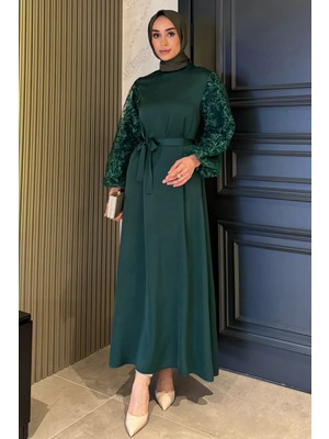 Julude Kolları Güpürlü Bel Kuşaklı Tesettür Saten Abiye Elbise P-00016256