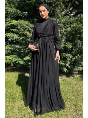 Julude Kadın Piliseli Bel Kuşak Detaylı Tüllü Tesettür Abiye P-00016278