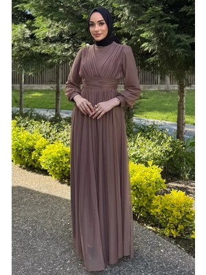 Julude Kadın Piliseli Bel Kuşak Detaylı Tüllü Tesettür Abiye P-00016278