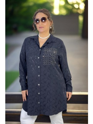Taş Işlemeli Inci Önden Düğmeli Uzun Kol Battal Büyük Beden Jakarlı Saten Gömlek Tunik