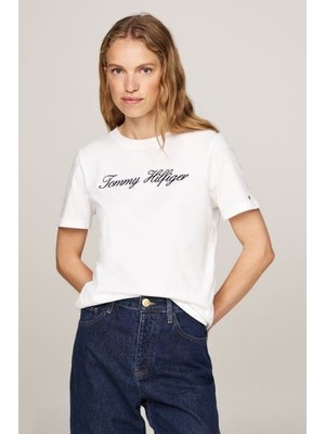 Kadın Th Script Logo Regular T-Shirt - Ekru