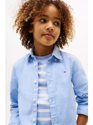 Tommy Hilfiger Erkek Çocuk Th Stretch Oxford Gömlek Mavi Klasik Stil Truvakar Kol Kesim Kalıbı