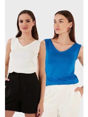 Lela Slim Fit V Yaka Kalın Askılı 2' Li Paket Bluz Bayan Bluz 5864384S2