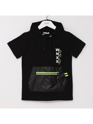 Erkek Çocuk Kısa Kol Kapşonlu Tişört - 16429 - Siyah