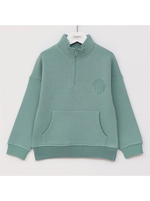 Erkek Çocuk Fermuarlı Yaka Uzun Kol Kalın Tişört - (7 Yaş-12 Yaş) - 16157 - Yeşil