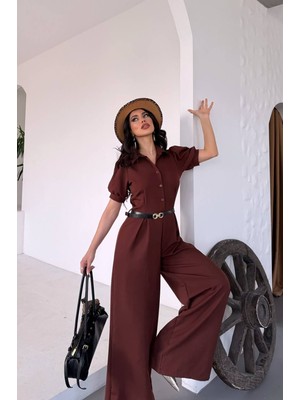 Neşeli Butik Kadın Gömlek Yaka Kemerli Geniş Paça Tulum NBK4197