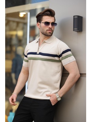 Taş Rengi Fermuarlı Polo Yaka Triko Erkek T-Shirt E7299