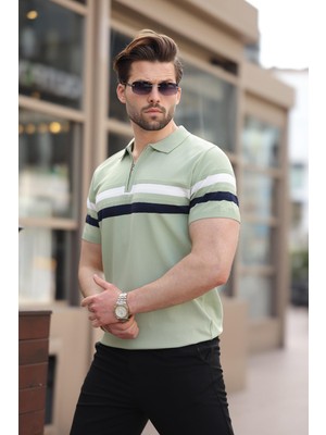 Çağla Yeşili Fermuarlı Polo Yaka Triko Erkek T-Shirt E7299