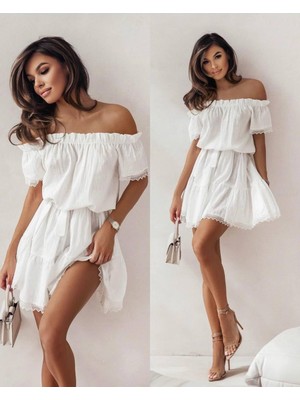 Kadın Madonna Yaka Kol ve Etek Ucu Dantel Detay Ayrobin Kumaş Elbise (Renkli)