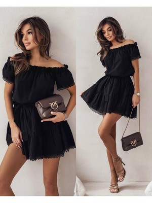 Kadın Madonna Yaka Kol ve Etek Ucu Dantel Detay Ayrobin Kumaş Elbise (Renkli)