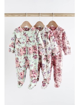 Pamuklu Pembe Çiçek Desenli Fermuarlı 3’lü Tulum Set