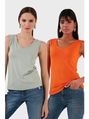 Lela Slim Fit V Yaka Kalın Askılı 2' Li Paket Bluz Bayan Bluz 5864384S2