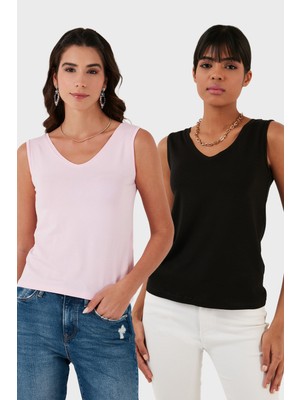 Lela Slim Fit V Yaka Kalın Askılı 2' Li Paket Bluz Bayan Bluz 5864384S2