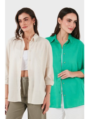 Sd Luxury Pamuk Karışımlı Oversize Fit Uzun Kollu 2'li Paket Gömlek Bayan Gömlek 6781001S2