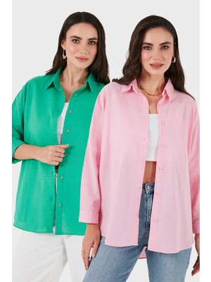 Sd Luxury Pamuk Karışımlı Oversize Fit Uzun Kollu 2'li Paket Gömlek Bayan Gömlek 6781001S2