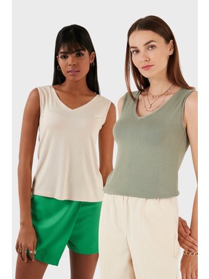 Lela Slim Fit V Yaka Kalın Askılı 2' Li Paket Bluz Bayan Bluz 5864384S2