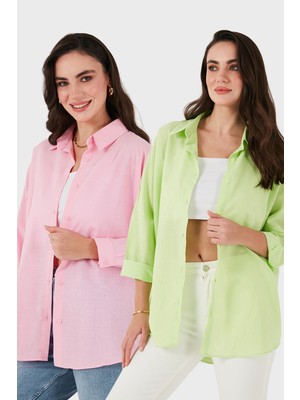 Sd Luxury Pamuk Karışımlı Oversize Fit Uzun Kollu 2'li Paket Gömlek Bayan Gömlek 6781001S2