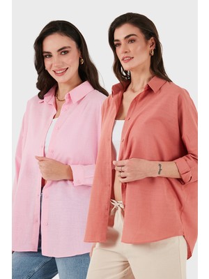 Sd Luxury Pamuk Karışımlı Oversize Fit Uzun Kollu 2'li Paket Gömlek Bayan Gömlek 6781001S2