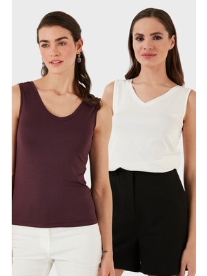Lela Slim Fit V Yaka Kalın Askılı 2' Li Paket Bluz Bayan Bluz 5864384S2