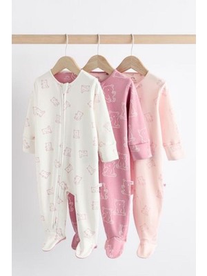% 100 Pamuklu Pembe Ayı Desenli Fermuarlı 3'lü Tulum Set
