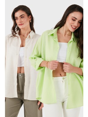 Sd Luxury Pamuk Karışımlı Oversize Fit Uzun Kollu 2'li Paket Gömlek Bayan Gömlek 6781001S2