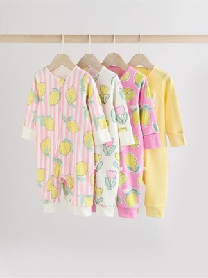 %100 Pamuklu Pembe Limon Desenli Ayaksız 4'lü Tulum Set