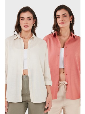 Sd Luxury Pamuk Karışımlı Oversize Fit Uzun Kollu 2'li Paket Gömlek Bayan Gömlek 6781001S2