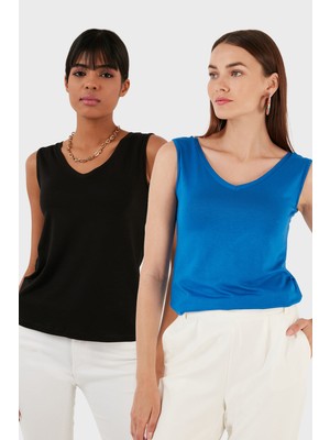 Lela Slim Fit V Yaka Kalın Askılı 2' Li Paket Bluz Bayan Bluz 5864384S2