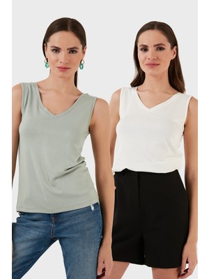 Lela Slim Fit V Yaka Kalın Askılı 2' Li Paket Bluz Bayan Bluz 5864384S2