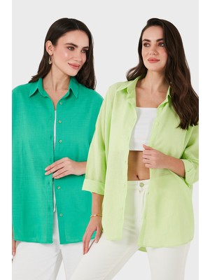Sd Luxury Pamuk Karışımlı Oversize Fit Uzun Kollu 2'li Paket Gömlek Bayan Gömlek 6781001S2