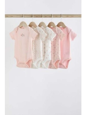 % 100 Pamuklu Pembe Çiçek Desenli Kısa Kollu 5'li Body Zıbın Set