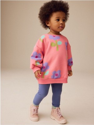 Pamuklu  Pembe Çiçek Baskılı Uzun Kollu Sweatshirt Tayt Alt Üst Takım