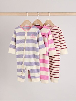 %100 Pamuklu Pembe Mor Çizgili Desenli 3'lü Tulum Set