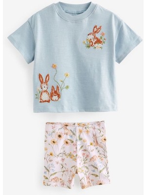 Pamuklu Mavi Tavşan Desenli Kısa Kollu Taytlı Alt Üst Takım